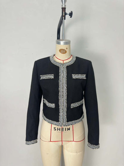 Cropped Tweed Jacket with Round Neck and Color-Block Trim