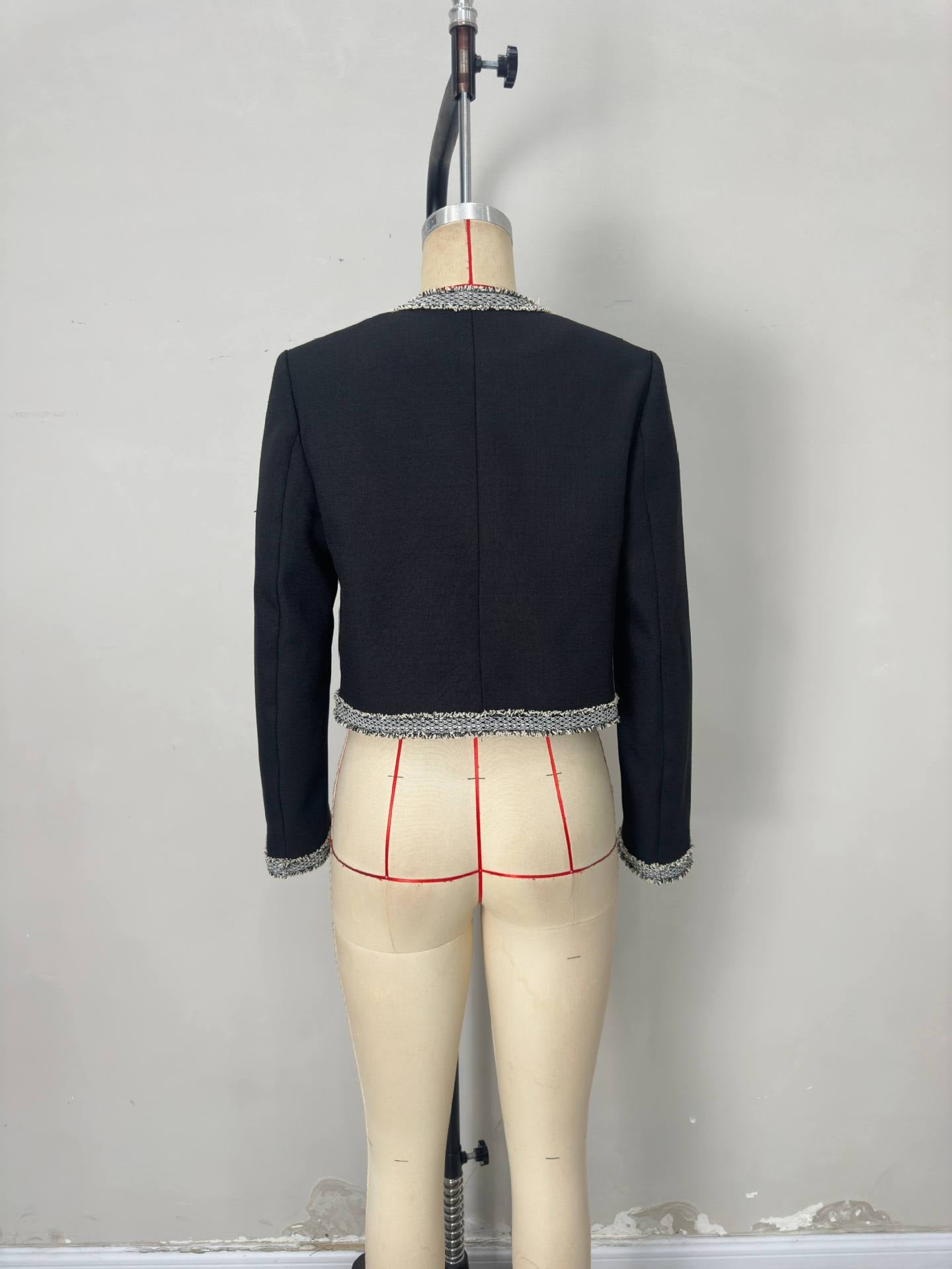 Cropped Tweed Jacket with Round Neck and Color-Block Trim