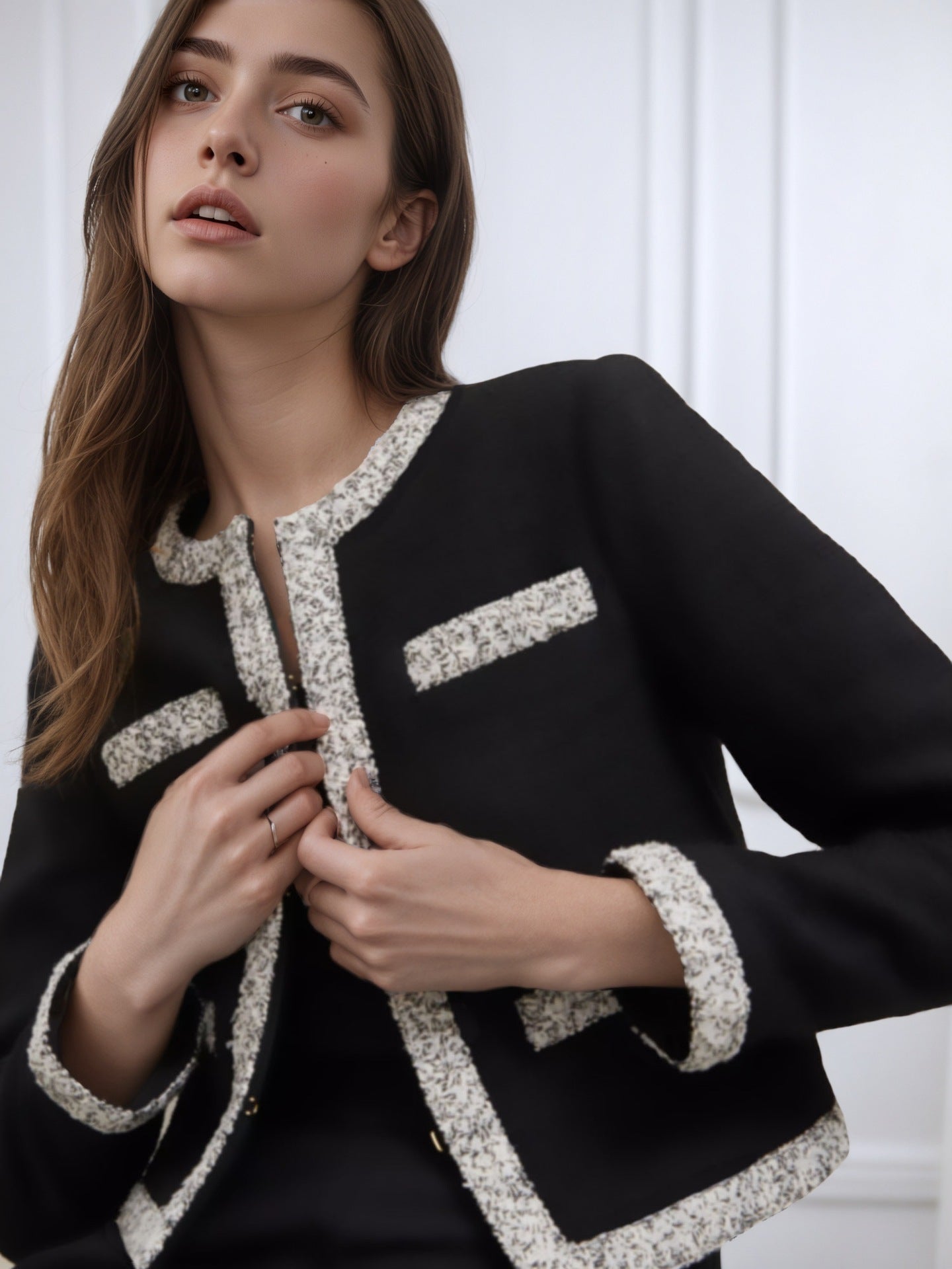 Cropped Tweed Jacket with Round Neck and Color-Block Trim