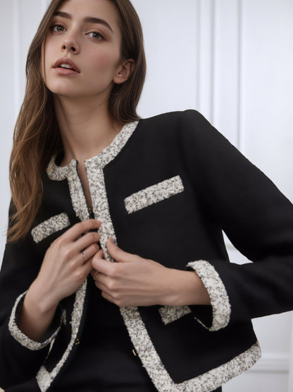 Cropped Tweed Jacket with Round Neck and Color-Block Trim