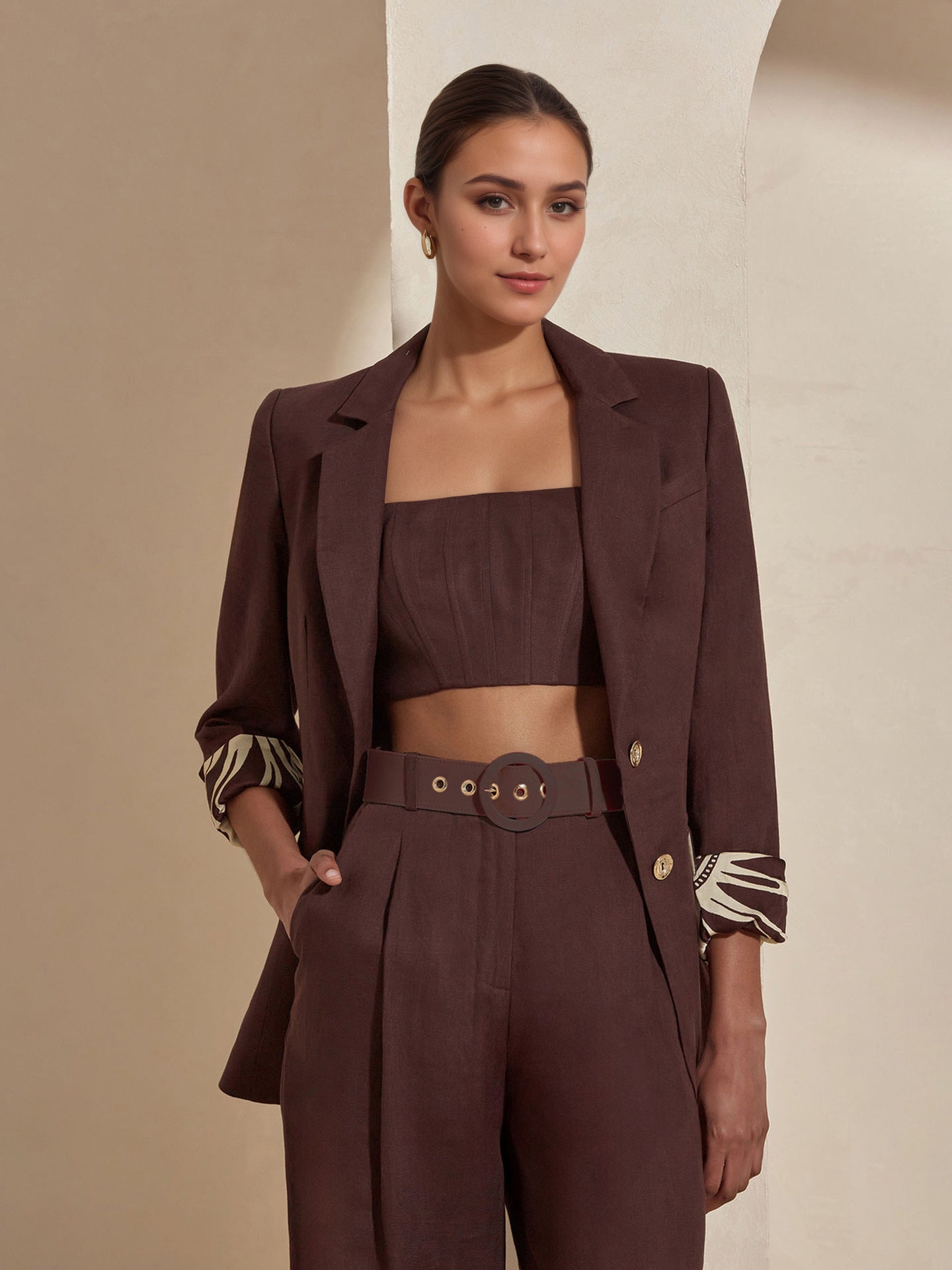 Dark Brown Three-Piece Set with Buckle Belt & Zebra Cuffs
