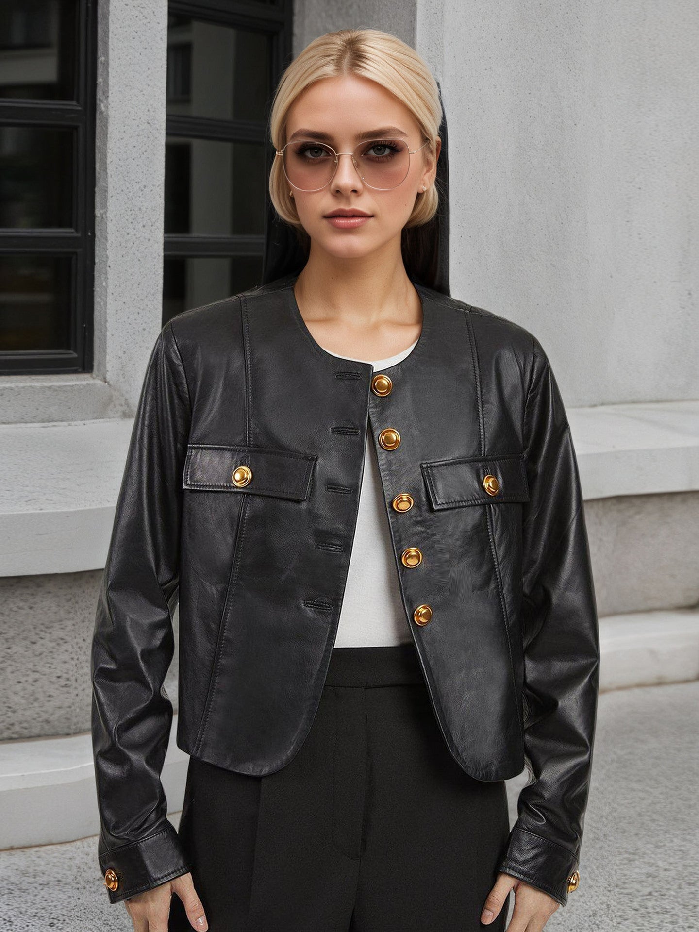 Faux Leather Cropped Jacket with Round Neck and Gold-Tone Buttons