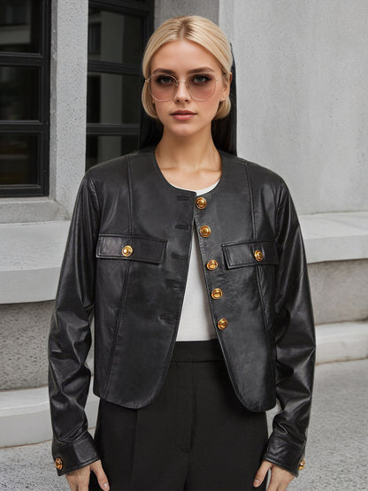 Faux Leather Cropped Jacket with Round Neck and Gold-Tone Buttons