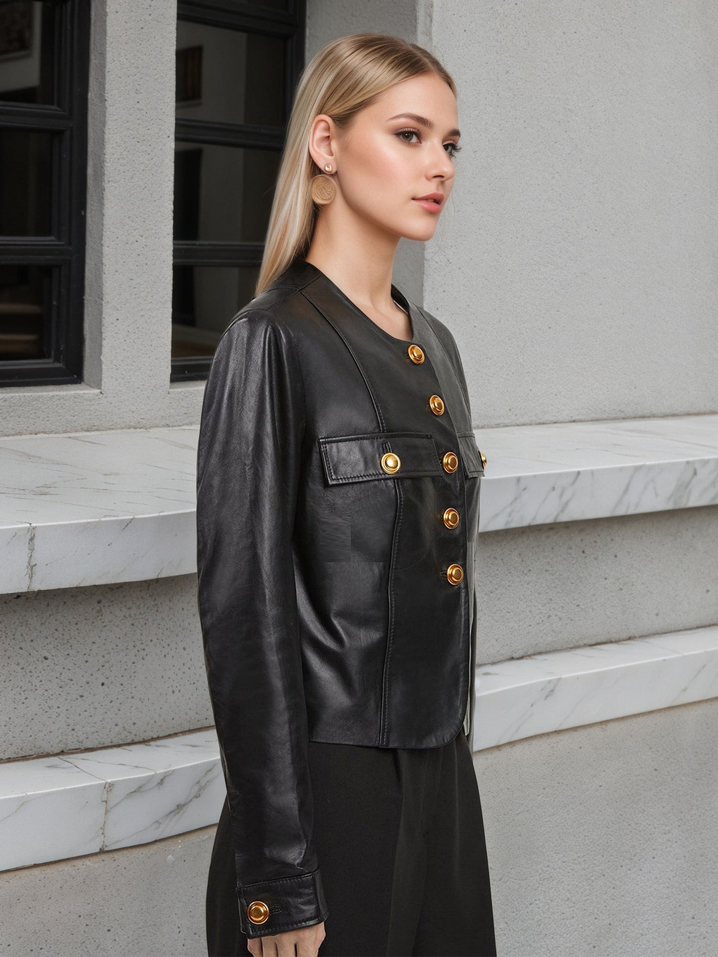 Faux Leather Cropped Jacket with Round Neck and Gold-Tone Buttons