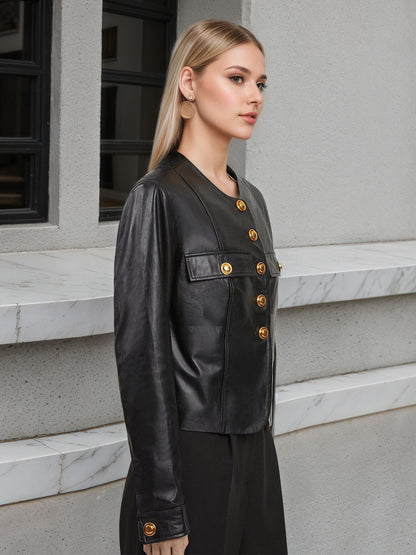 Faux Leather Cropped Jacket with Round Neck and Gold-Tone Buttons
