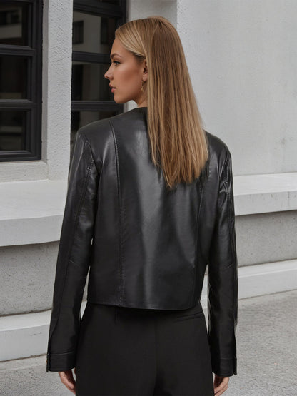 Faux Leather Cropped Jacket with Round Neck and Gold-Tone Buttons