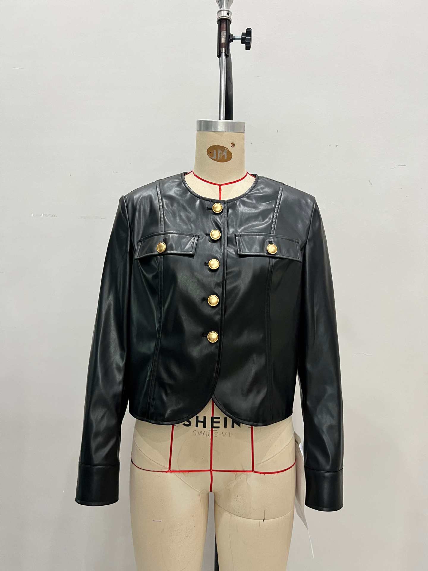 Faux Leather Cropped Jacket with Round Neck and Gold-Tone Buttons