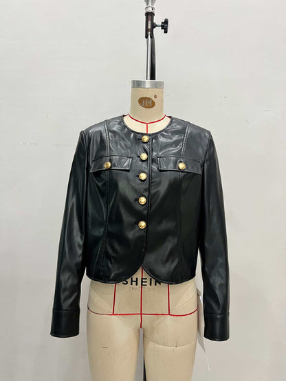 Faux Leather Cropped Jacket with Round Neck and Gold-Tone Buttons