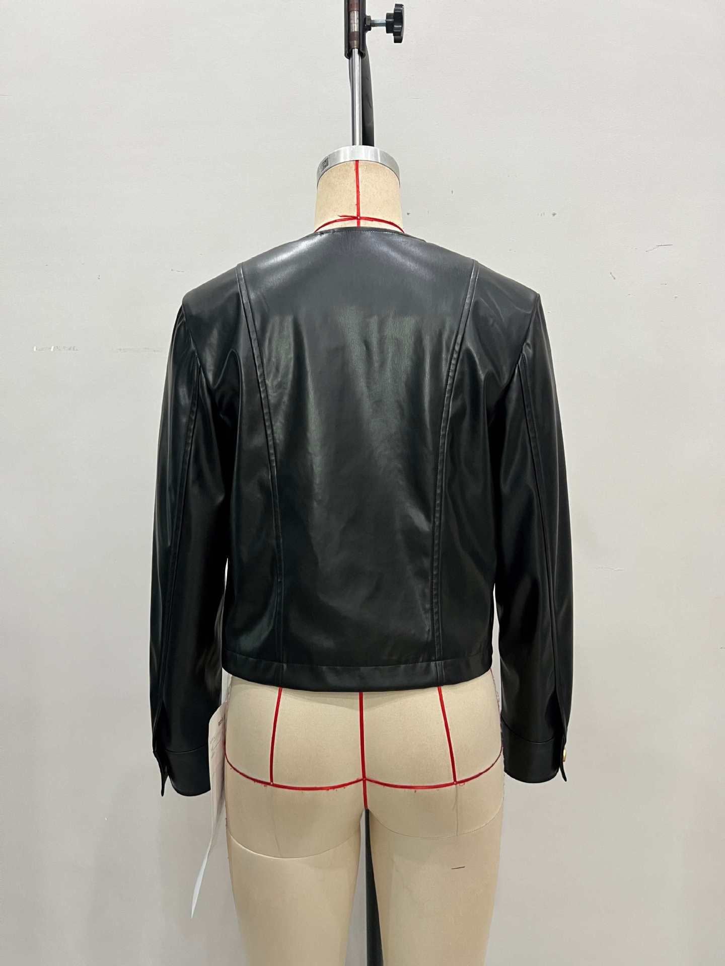 Faux Leather Cropped Jacket with Round Neck and Gold-Tone Buttons