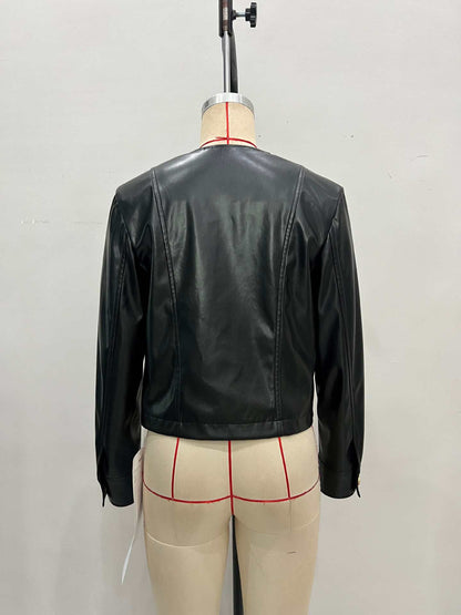 Faux Leather Cropped Jacket with Round Neck and Gold-Tone Buttons