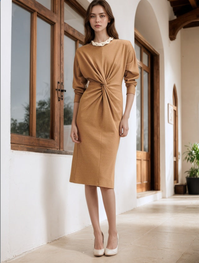 Slim Knitted Midi Dress with Front Twist Detail
