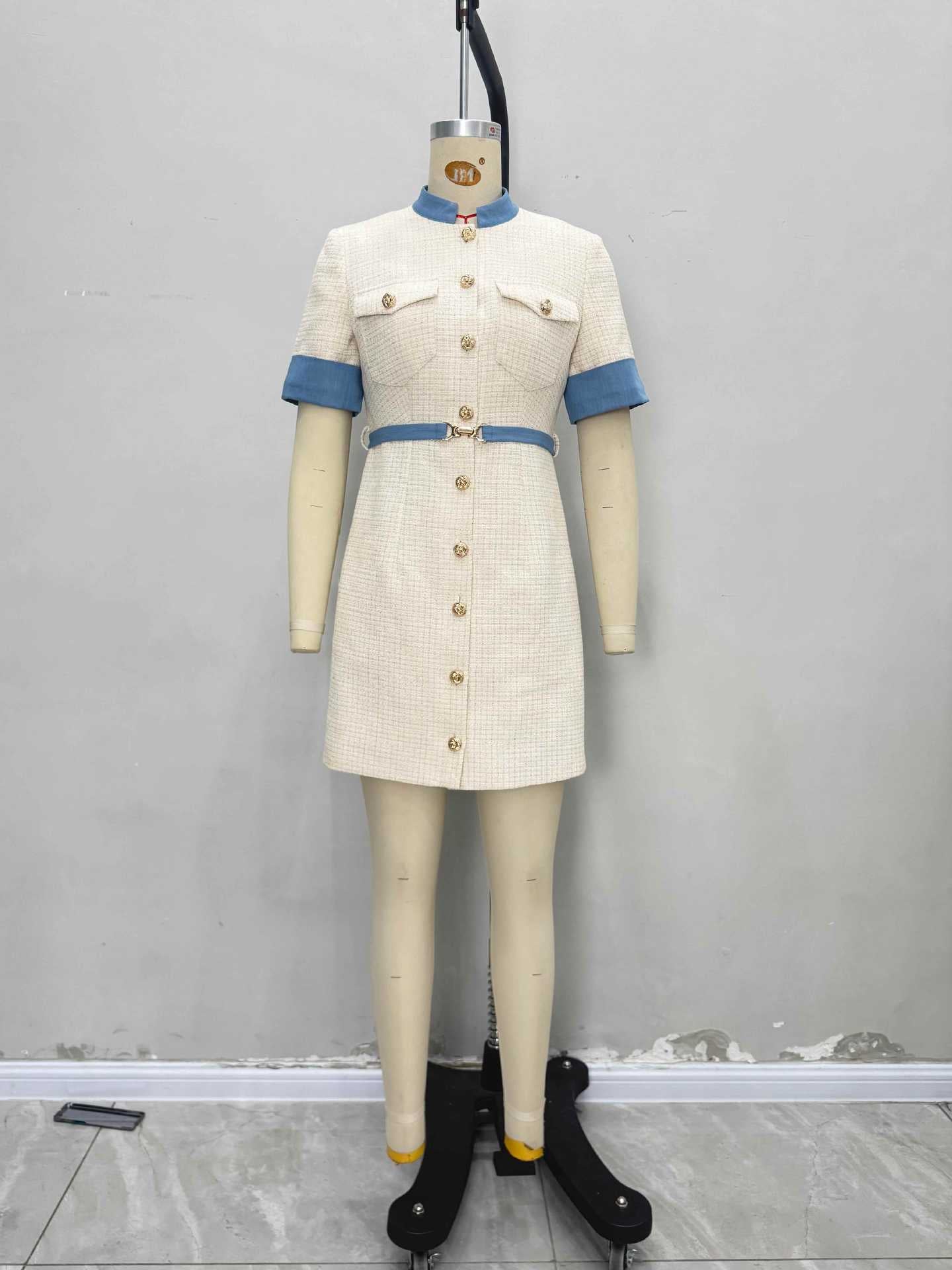 Tweed A-Line Mini Dress with Contrast Trim and Gold Buttons