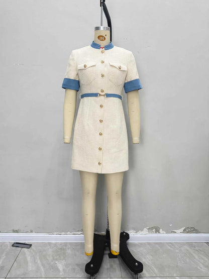 Tweed A-Line Mini Dress with Contrast Trim and Gold Buttons