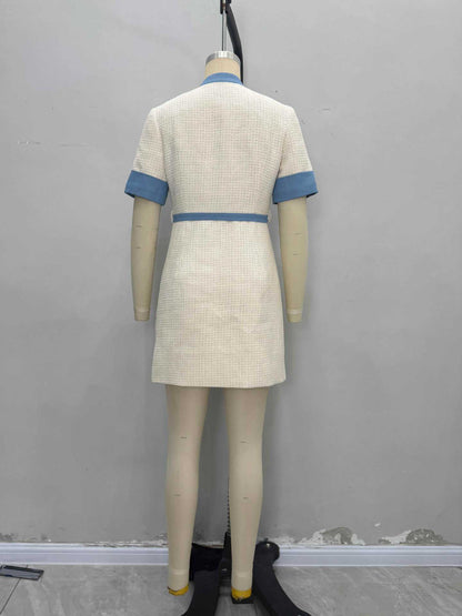 Tweed A-Line Mini Dress with Contrast Trim and Gold Buttons