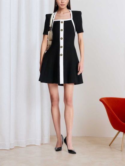 A-Line Mini Dress with Square Neck and Contrast Placket