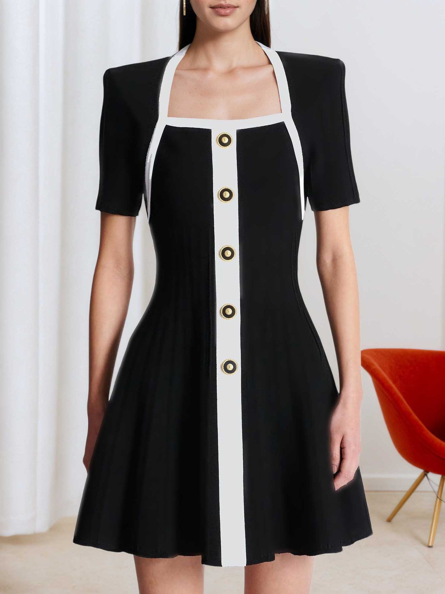 A-Line Mini Dress with Square Neck and Contrast Placket
