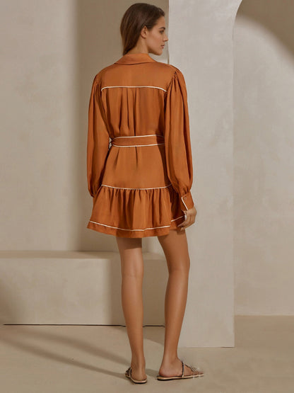 Satin Tiered Mini Shirt Dress with Contrasting Piping