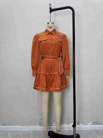 Satin Tiered Mini Shirt Dress with Contrasting Piping