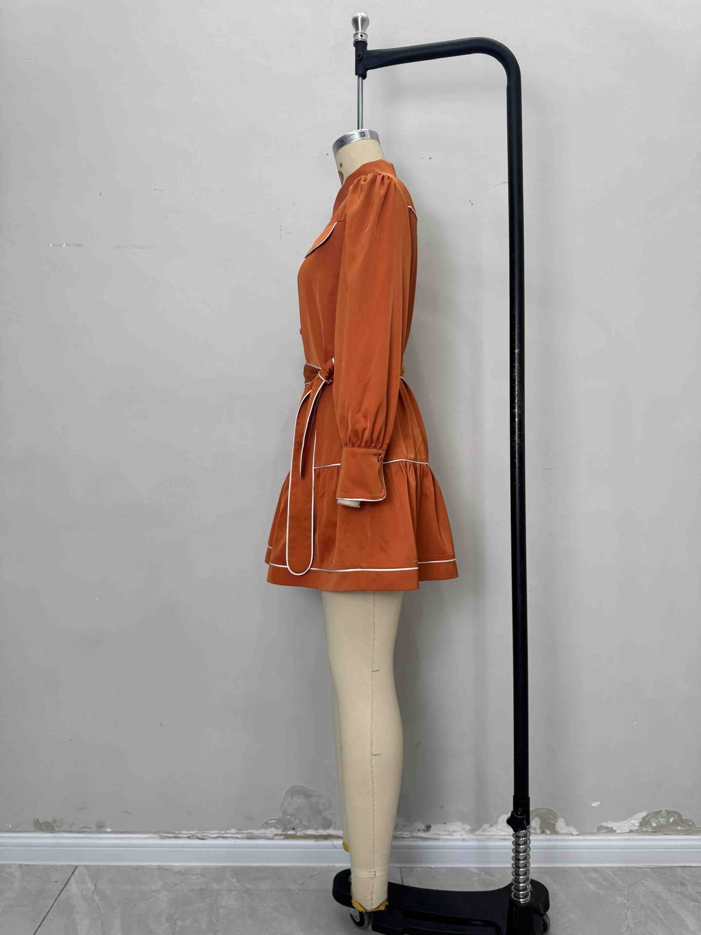 Satin Tiered Mini Shirt Dress with Contrasting Piping