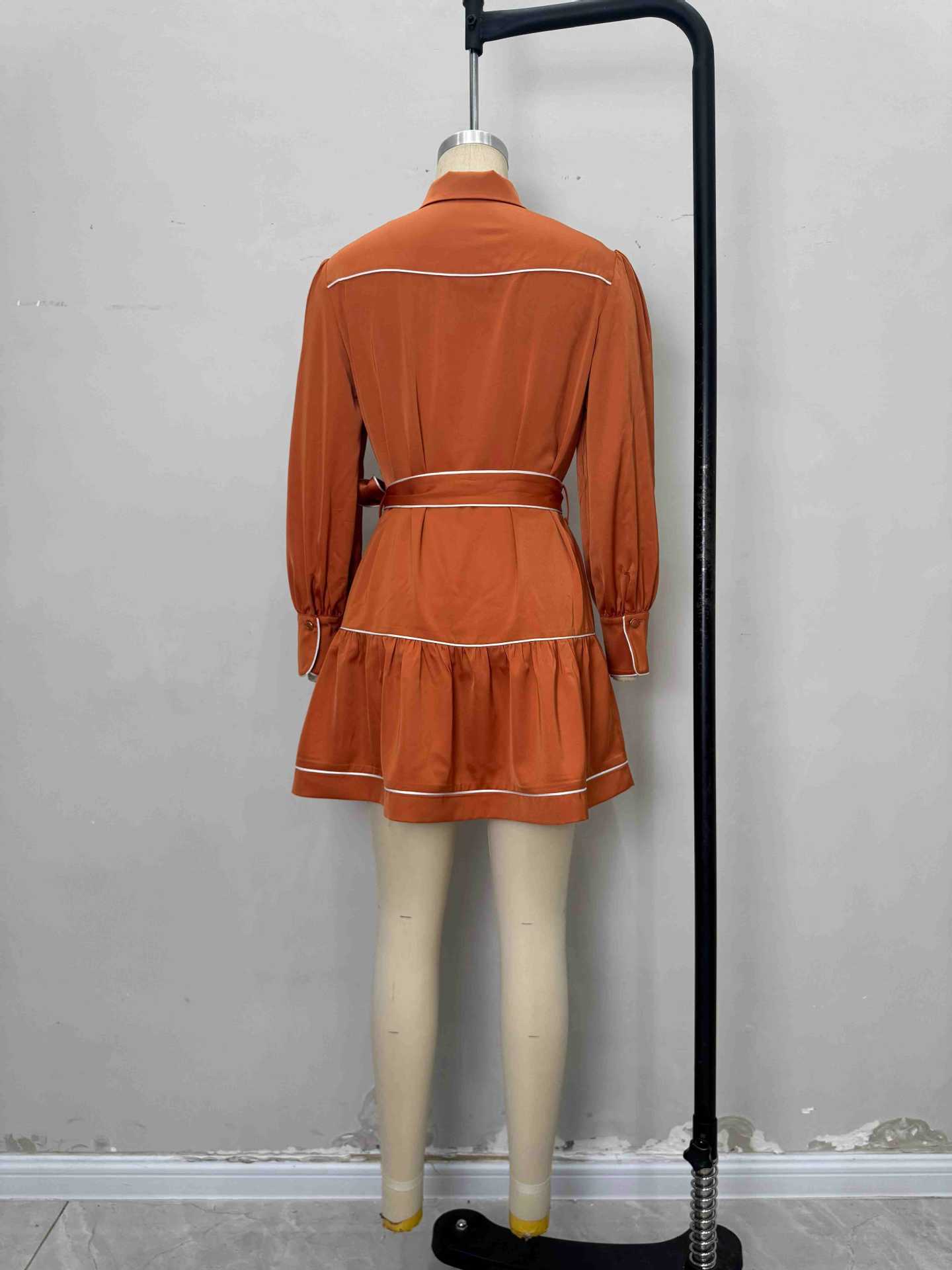 Satin Tiered Mini Shirt Dress with Contrasting Piping