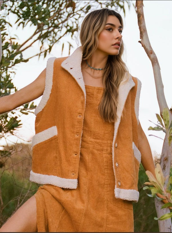 Corduroy Button-Front Vest with Sherpa Trim