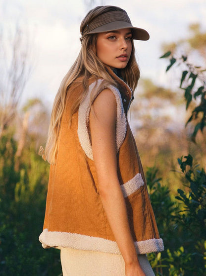 Corduroy Button-Front Vest with Sherpa Trim