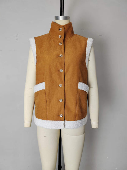 Corduroy Button-Front Vest with Sherpa Trim