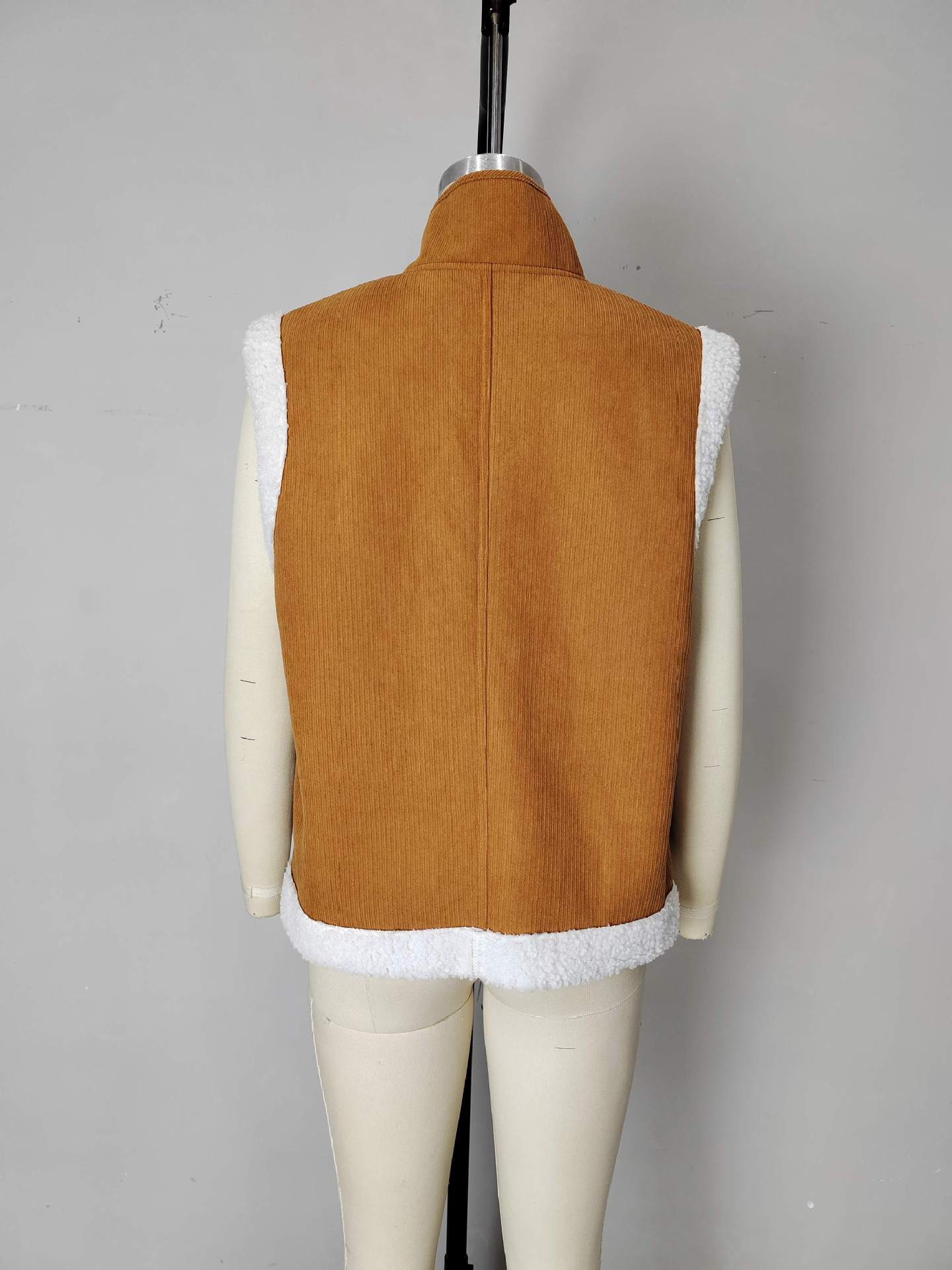 Corduroy Button-Front Vest with Sherpa Trim