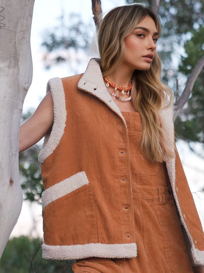 Corduroy Button-Front Vest with Sherpa Trim