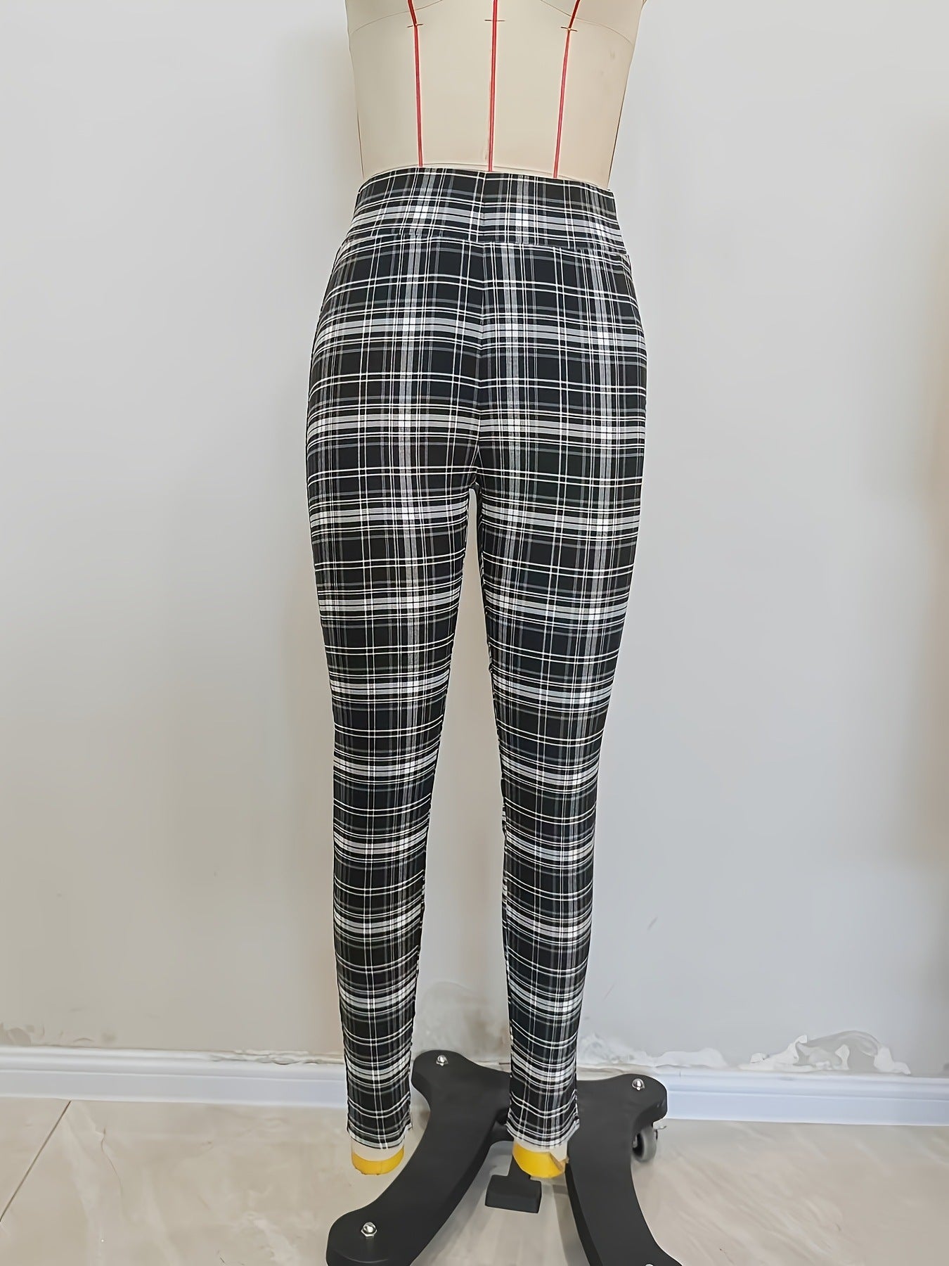 Black and White Checkered High-Waist Slim-Fit Pants