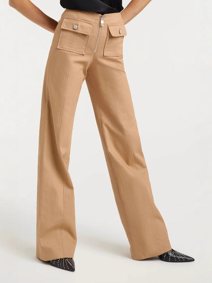 Wide-Leg Trousers with High Waist, Front Zipper, and Patch Pockets