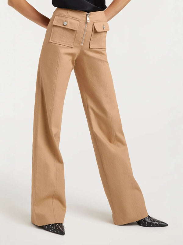 Wide-Leg Trousers with High Waist, Front Zipper, and Patch Pockets