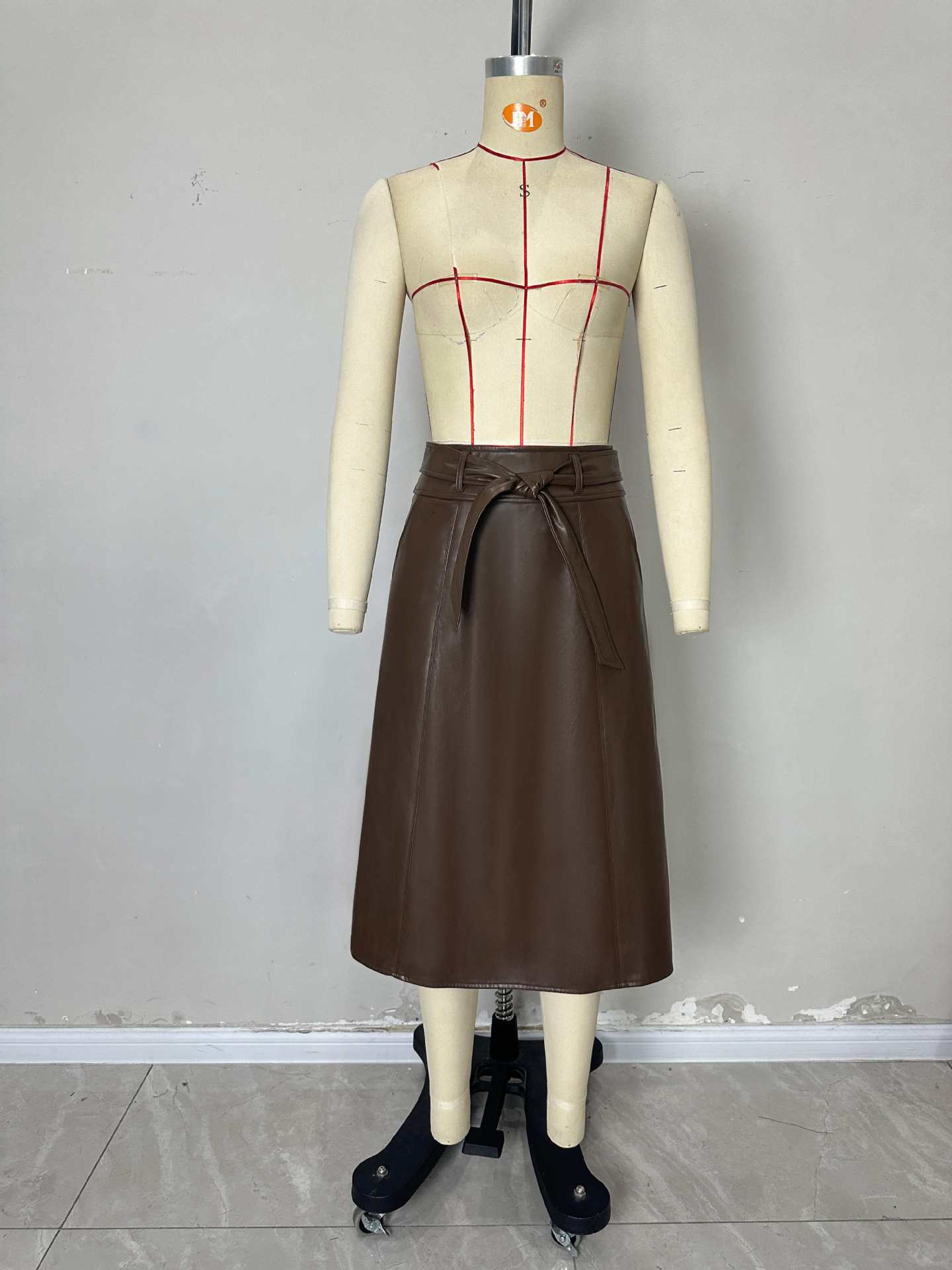 A-Line Midi Skirt with High-Waist and Faux Leather Bow Belt