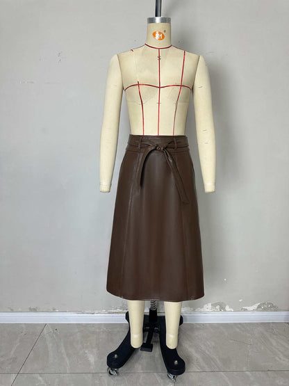 A-Line Midi Skirt with High-Waist and Faux Leather Bow Belt