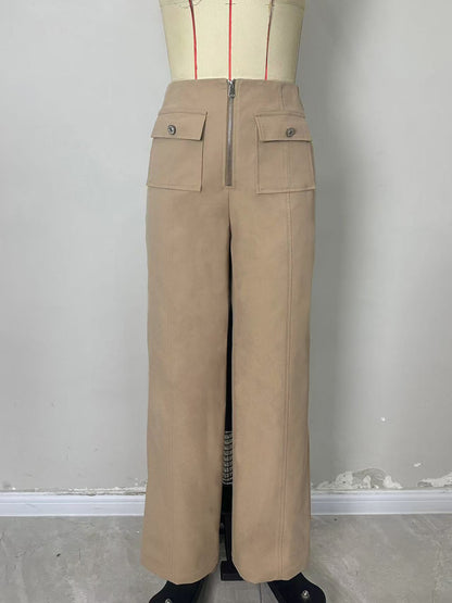 Wide-Leg Trousers with High Waist, Front Zipper, and Patch Pockets