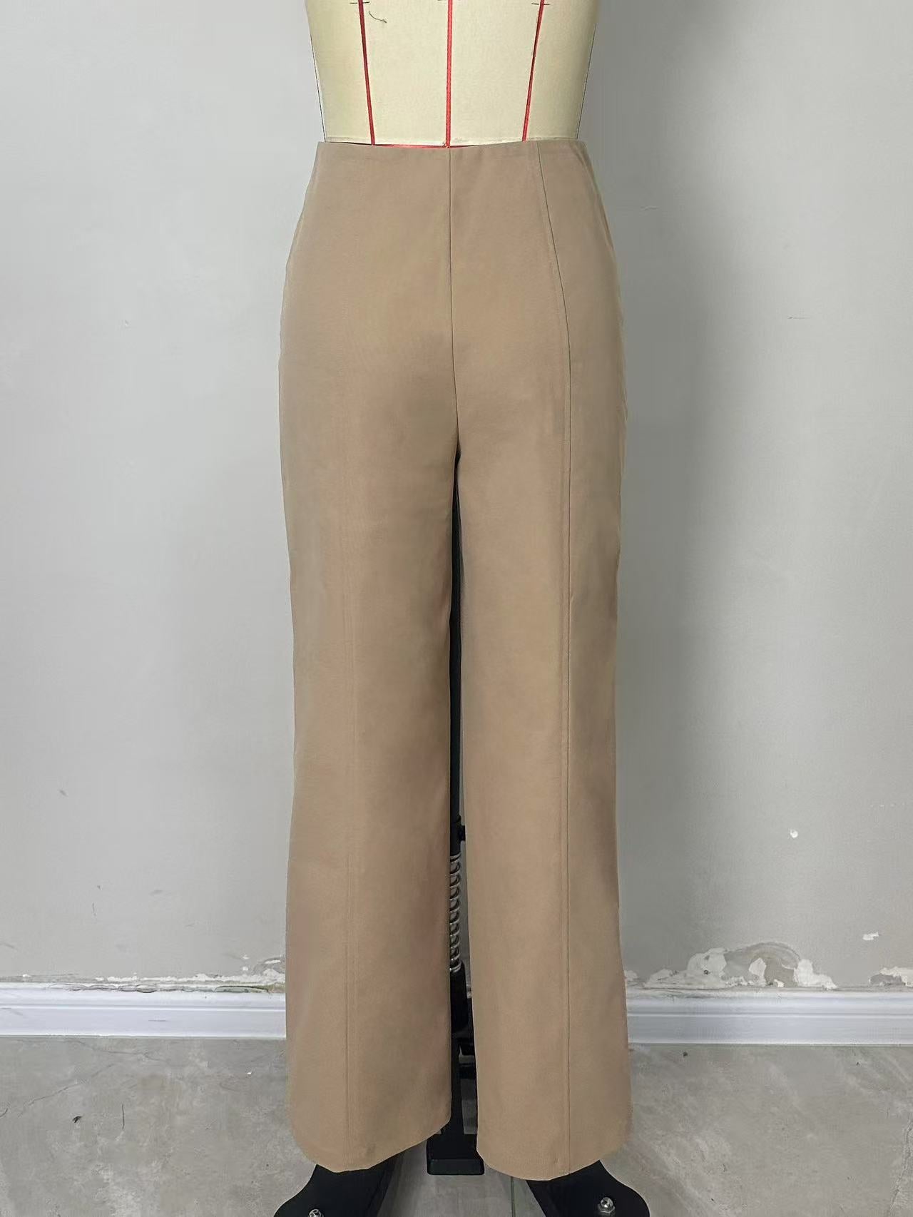Wide-Leg Trousers with High Waist, Front Zipper, and Patch Pockets