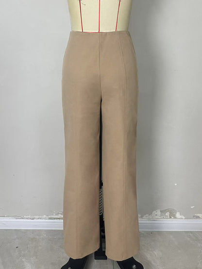 Wide-Leg Trousers with High Waist, Front Zipper, and Patch Pockets