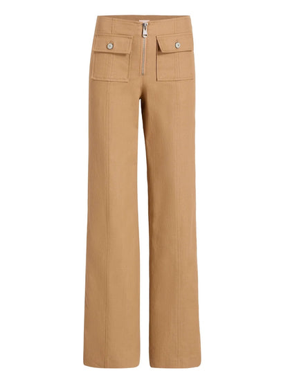 Wide-Leg Trousers with High Waist, Front Zipper, and Patch Pockets