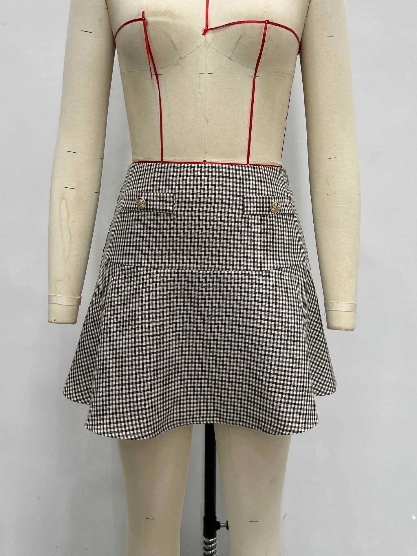 A-Line Plaid Short Skirt with High-Waist and Button Detail