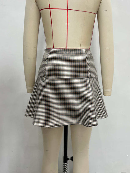 A-Line Plaid Short Skirt with High-Waist and Button Detail