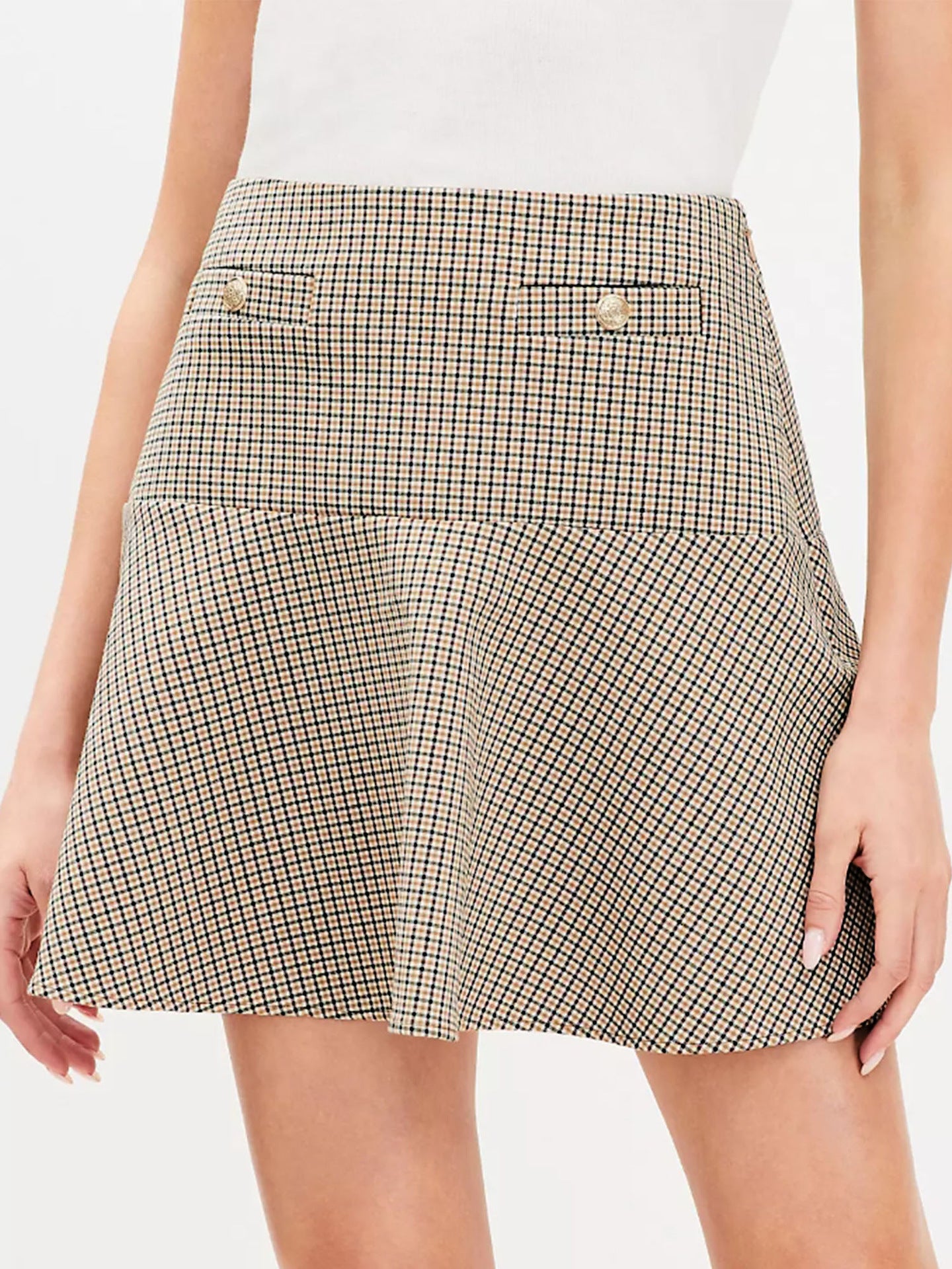 A-Line Plaid Short Skirt with High-Waist and Button Detail