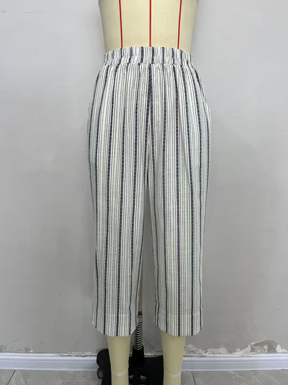 Striped Straight-Leg Capri Pants with High-Waist