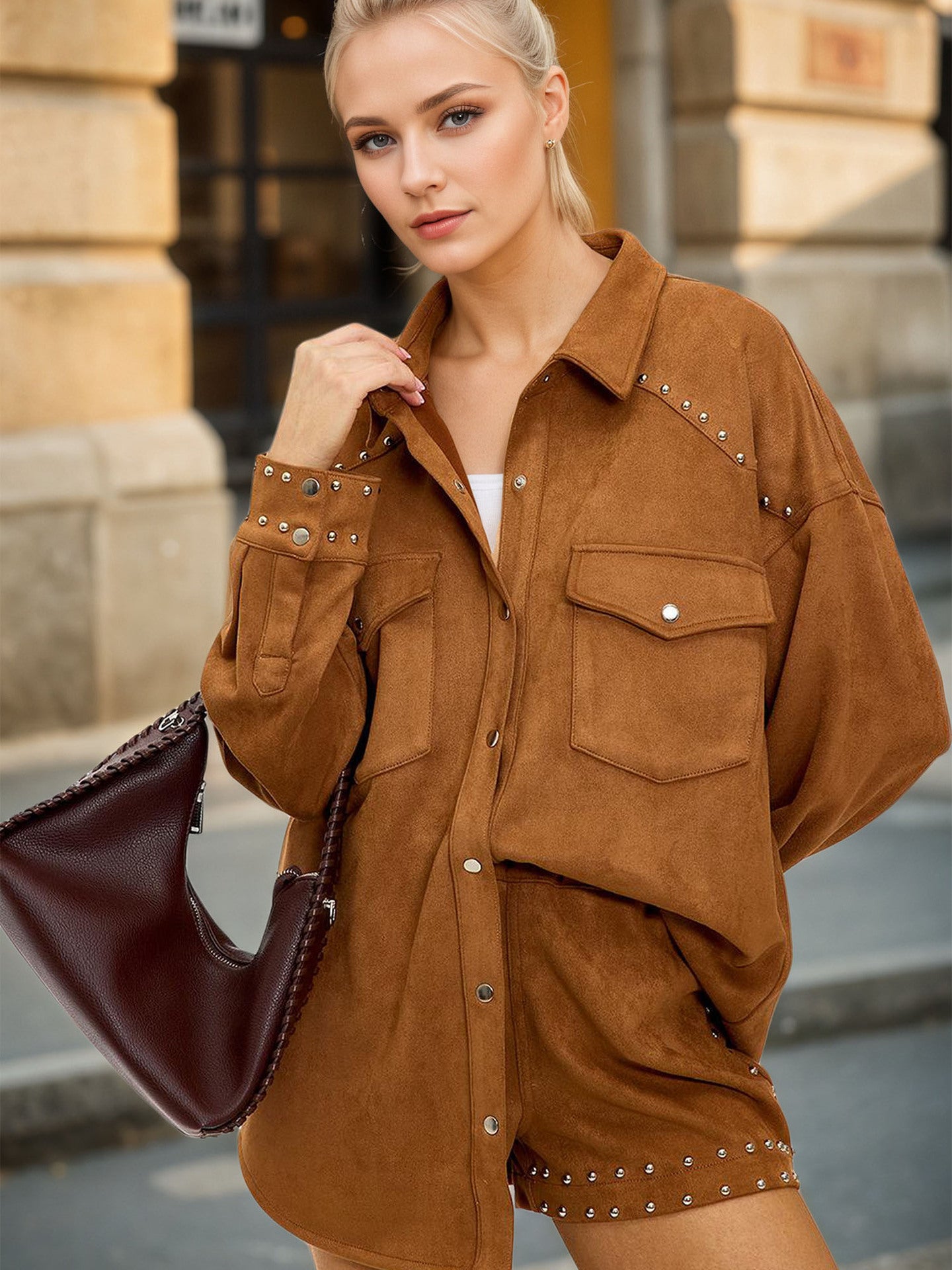 Oversized Suede-Look Shacket with Rivet Embellishments