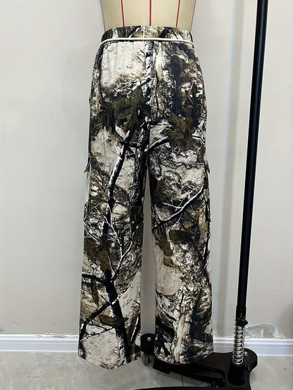 Camouflage Straight-Leg Cargo Pants with High Elastic Waist