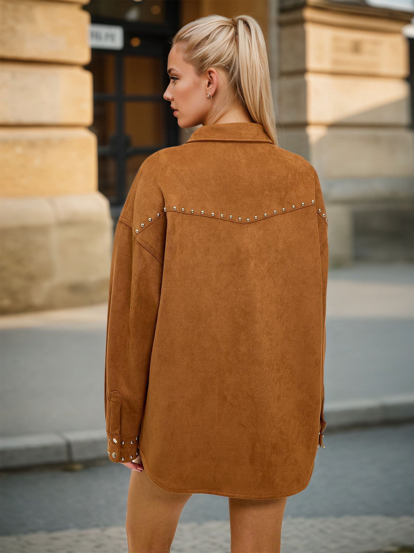 Oversized Suede-Look Shacket with Rivet Embellishments