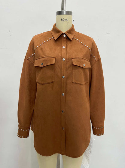 Oversized Suede-Look Shacket with Rivet Embellishments