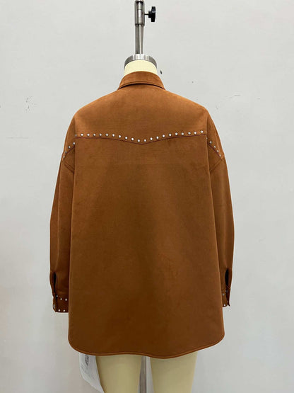 Oversized Suede-Look Shacket with Rivet Embellishments