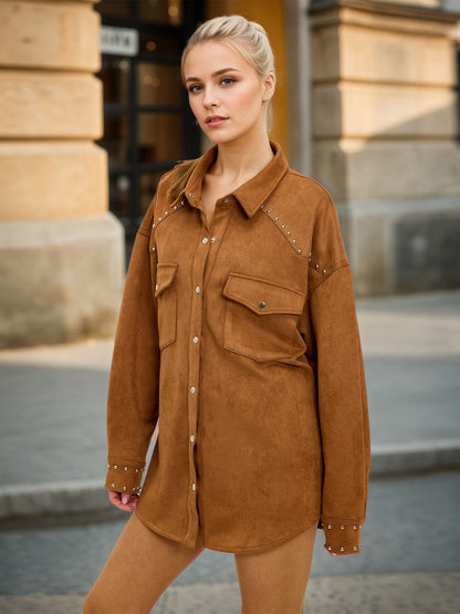 Oversized Suede-Look Shacket with Rivet Embellishments