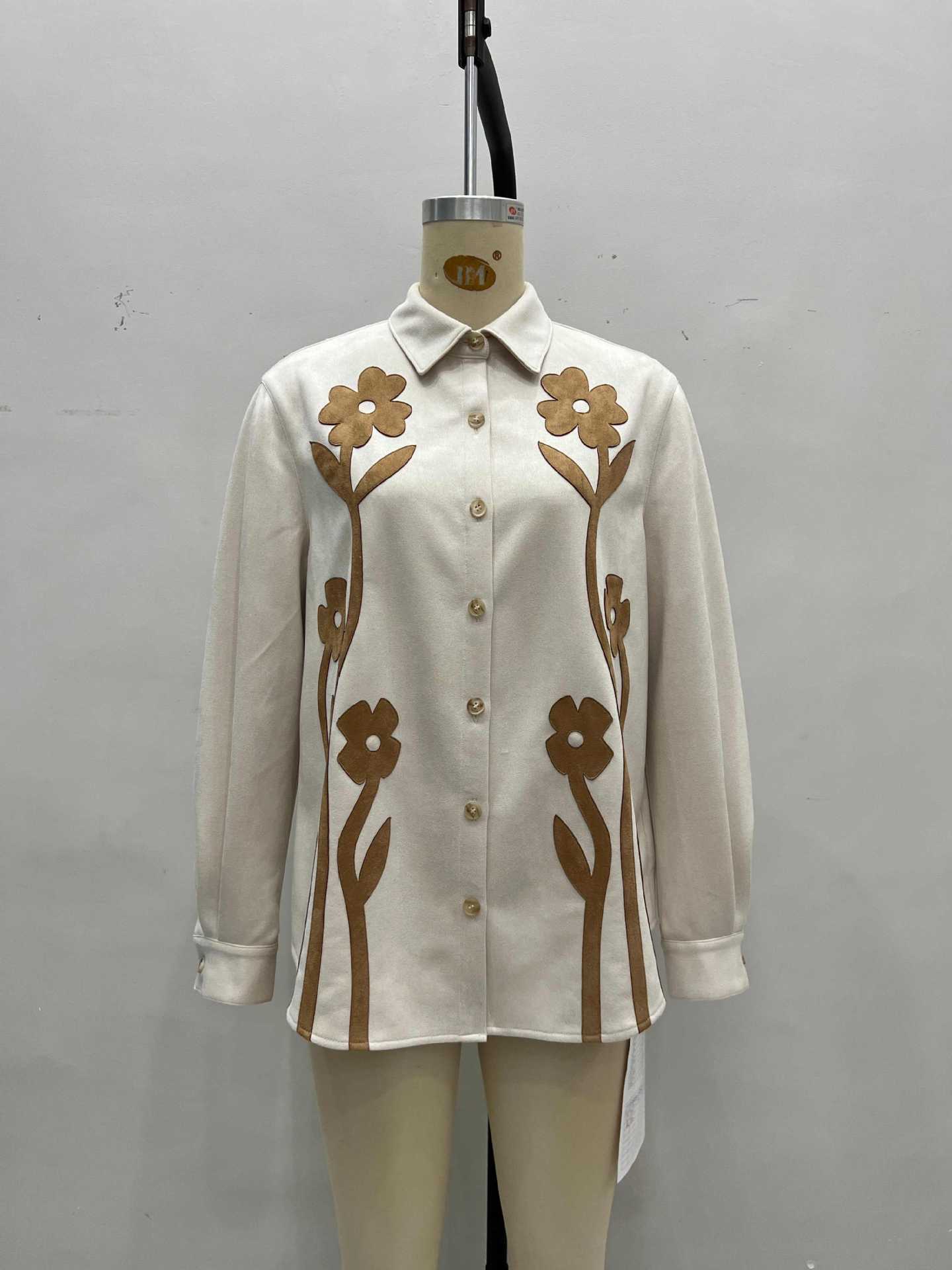 Suede-Look Floral Applique Overshirt with Lapel