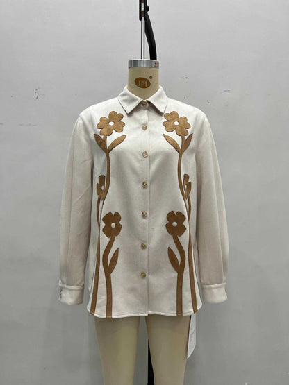 Suede-Look Floral Applique Overshirt with Lapel